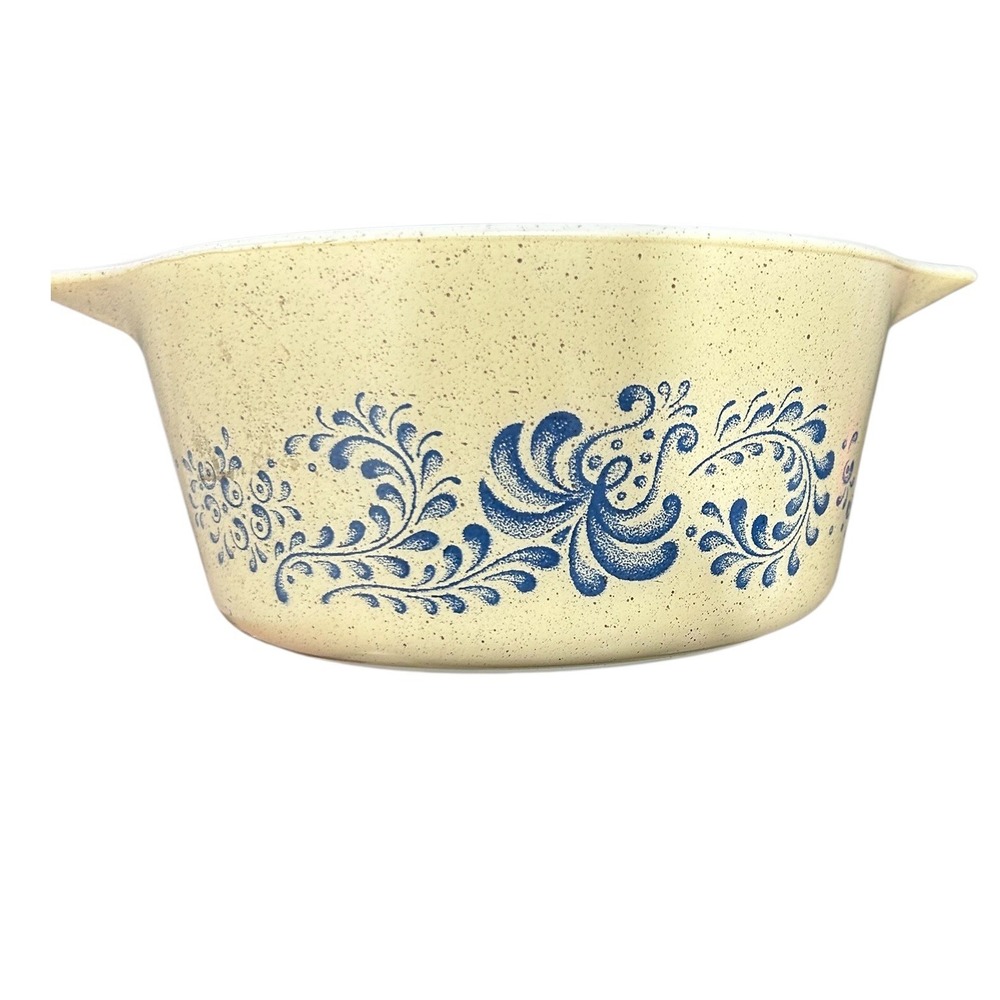 Pyrex Homestead 474-B Casserole Dish Vintage Blue Floral Speckled Beige 1.5 QT